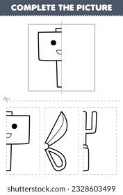Education game for children cut and complete the picture of cute cartoon hammer half outline for coloring printable tool worksheet