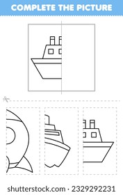 Education game for children cut   complete the picture cute cartoon ferry ship half outline for coloring printable transportation worksheet
