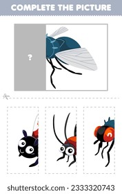 Education game for children cut and complete the correct picture of cute cartoon fly printable bug worksheet