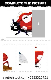 Juego de educación para niños cortado y completar la imagen correcta de la linda hoja de cálculo de error imprimible de ladybug de dibujos animados