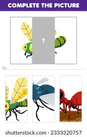 Education game for children cut and complete the correct picture of cute cartoon dragonfly printable bug worksheet