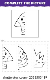 Education game for children cut and complete the picture of cute cartoon mushroom half outline for coloring printable nature worksheet