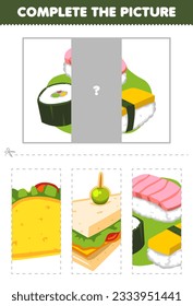 Juego de educación para niños cortado y completar la imagen correcta de la tierna caricatura de la hoja de trabajo de comida japonesa imprimible sushi