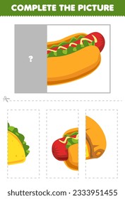 Education game for children cut and complete the correct picture of cute cartoon hotdog printable food worksheet