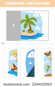 Juego de educación para niños cortar y completar la imagen correcta de la hoja de cálculo de la naturaleza de la isla de dibujos animados adorables imprimible