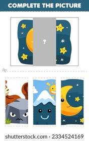 Education game for children cut and complete the correct picture of cute cartoon moon and star in the night sky printable nature worksheet