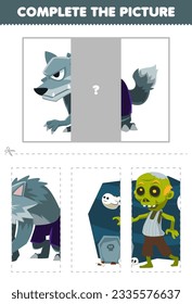 Education game for children cut and complete the correct picture of cute cartoon werewolf printable halloween worksheet