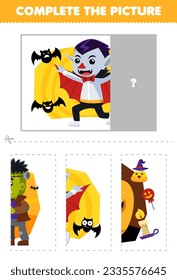 Education game for children cut and complete the correct picture of cute cartoon dracula printable halloween worksheet