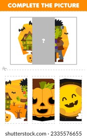 Education game for children cut and complete the correct picture of cute cartoon frankenstein printable halloween worksheet