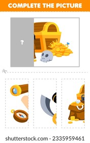 Education game for children cut and complete the correct picture of cute cartoon treasure chest printable pirate worksheet
