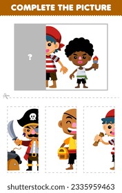 Education game for children cut and complete the correct picture of cute cartoon pirate boy crew printable pirate worksheet