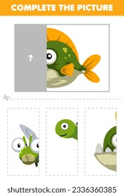Education game for children cut and complete the correct picture of cute cartoon piranha fish printable underwater worksheet