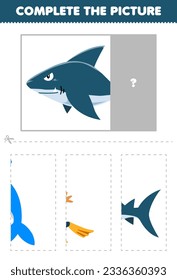 Education game for children cut and complete the correct picture of cute cartoon shark printable underwater worksheet
