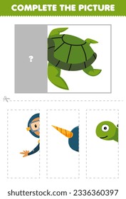Education game for children cut and complete the correct picture of cute cartoon turtle printable underwater worksheet