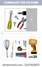 Juego de educación para niños cortar y completar la imagen correcta de las pinzas de los destornilladores de dibujos animados lindo herramienta imprimible hoja de trabajo