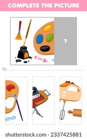 Education game for children cut and complete the correct picture of cute cartoon brush ink palette printable tool worksheet