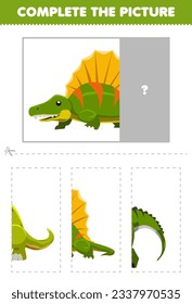 Education game for children cut and complete the correct picture of cute cartoon dimetrodon printable prehistoric dinosaur worksheet