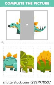 Education game for children cut and complete the correct picture of cute cartoon stegosaurus printable prehistoric dinosaur worksheet