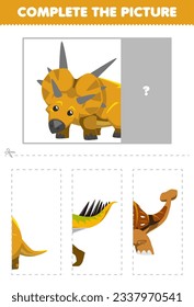 Education game for children cut and complete the correct picture of cute cartoon xenoceratops printable prehistoric dinosaur worksheet
