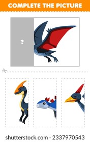 Education game for children cut and complete the correct picture of cute cartoon pteranodon printable prehistoric dinosaur worksheet