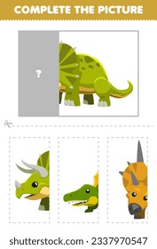 Education game for children cut and complete the correct picture of cute cartoon triceratops printable prehistoric dinosaur worksheet