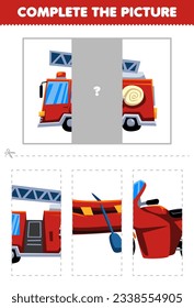 Education game for children cut   complete the correct picture cute cartoon firetruck printable transportation worksheet