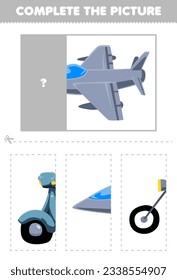 Education game for children cut   complete the correct picture cute cartoon jet fighter printable transportation worksheet