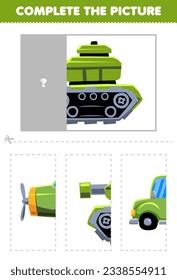 Education game for children cut   complete the correct picture cute cartoon tank printable transportation worksheet