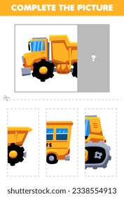 Education game for children cut   complete the correct picture cute cartoon dump truck printable transportation worksheet