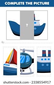 Education game for children cut   complete the correct picture cute cartoon ferry ship printable transportation worksheet