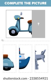 Education game for children cut   complete the correct picture cute cartoon scooter printable transportation worksheet