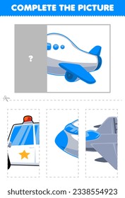 Education game for children cut   complete the correct picture cute cartoon plane printable transportation worksheet