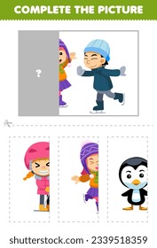 Education game for children cut and complete the correct picture of cute cartoon boy and girl playing ice skating printable winter worksheet