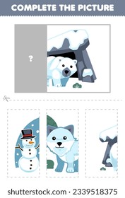 Education game for children cut and complete the correct picture of cute cartoon polar bear in front of the den printable winter worksheet