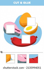 Education game for children cut and glue cut parts of cute cartoon food salmon egg sausage and glue them printable worksheet