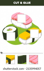 Education game for children cut and glue cut parts of cute cartoon food japanese sushi and glue them printable worksheet