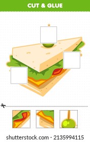 Education game for children cut and glue cut parts of cute cartoon food sandwich and glue them printable worksheet