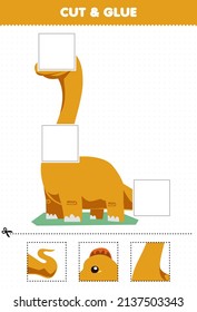 Education game for children cut and glue cut parts of cute cartoon prehistoric dinosaur brontosaurus and glue them printable worksheet