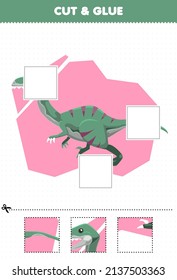 Education game for children cut and glue cut parts of cute cartoon prehistoric dinosaur velociraptor and glue them printable worksheet