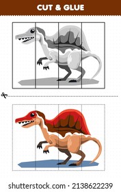 Education game for children cut and glue with cute cartoon prehistoric dinosaur spinosaurus