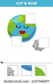 Education game for children cut and glue cut parts of cute cartoon solar system earth planet and glue them printable worksheet