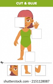 Education game for children cut and glue cut parts of cute cartoon girl anatomy printable worksheet