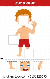 Education game for children cut and glue cut parts of cute cartoon boy anatomy printable worksheet