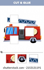 Education game for children cut and glue cut parts of cute cartoon transportation firetruck and glue them printable worksheet