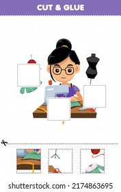 Education game for children cut and glue cut parts of cute cartoon tailor profession and glue them printable worksheet