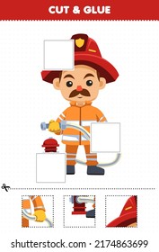 Education game for children cut and glue cut parts of cute cartoon firefighter profession and glue them printable worksheet