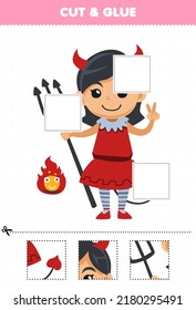 Education game for children cut and glue cut parts of cute cartoon devil girl costume and glue them halloween printable worksheet