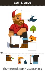 Education game for children cut and glue cut parts of cute cartoon woodcutter carries an ax beside fox and bird printable farm worksheet