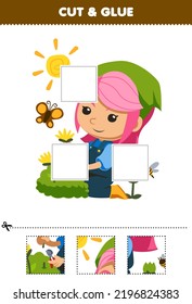 Education game for children cut and glue cut parts of cute cartoon florist picking flowers beside butterfly and bee printable farm worksheet