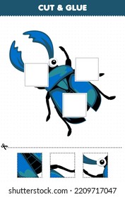 Education game for children cut and glue cut parts of cute cartoon blue stag beetle and glue them printable bug worksheet